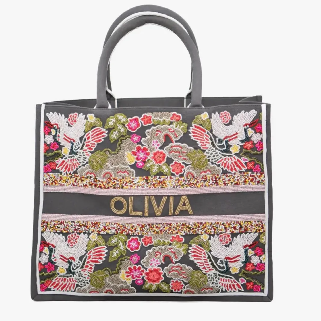 BEADED CUSTOM GREY FLORAL TOTE