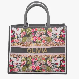BEADED CUSTOM GREY FLORAL TOTE