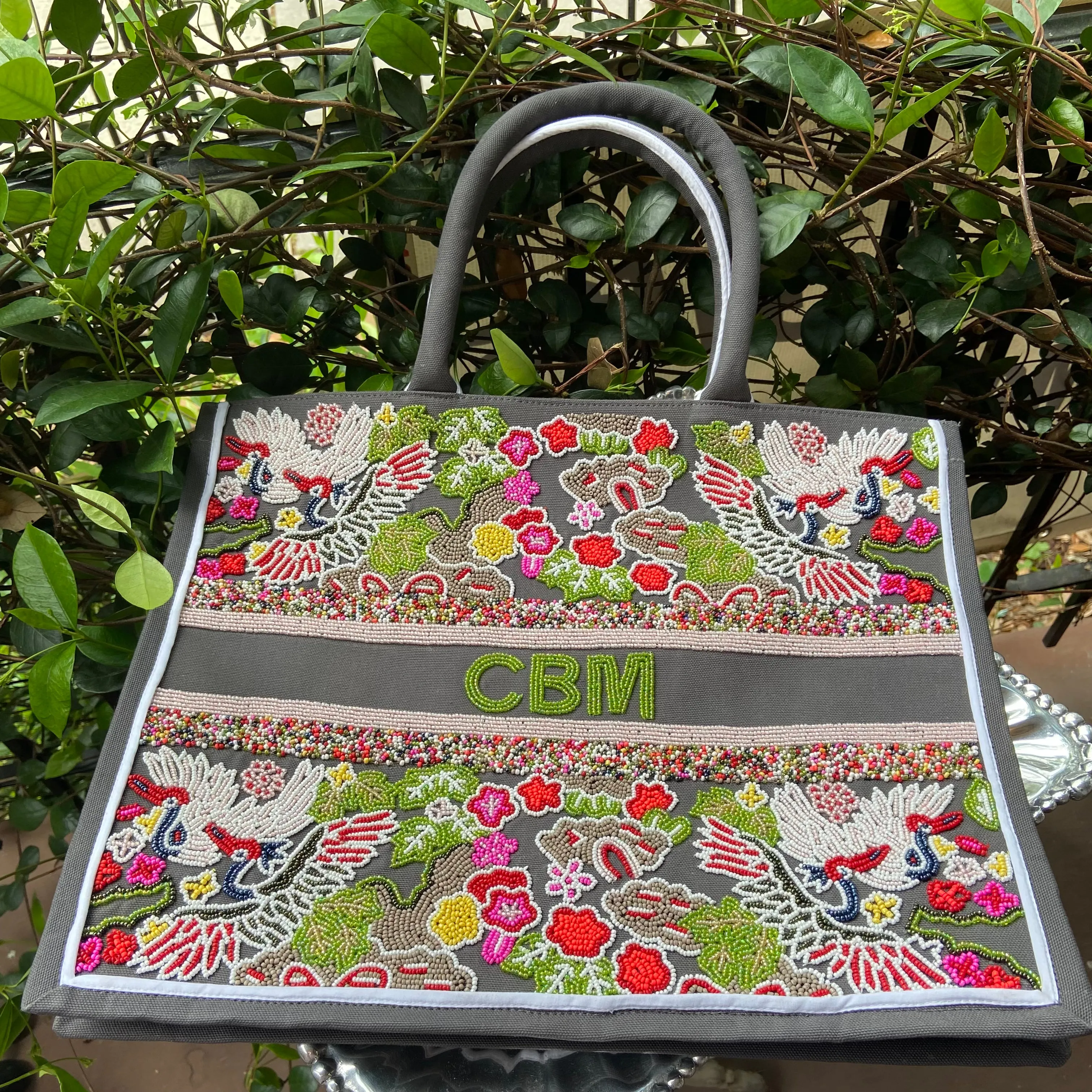 BEADED CUSTOM GREY FLORAL TOTE