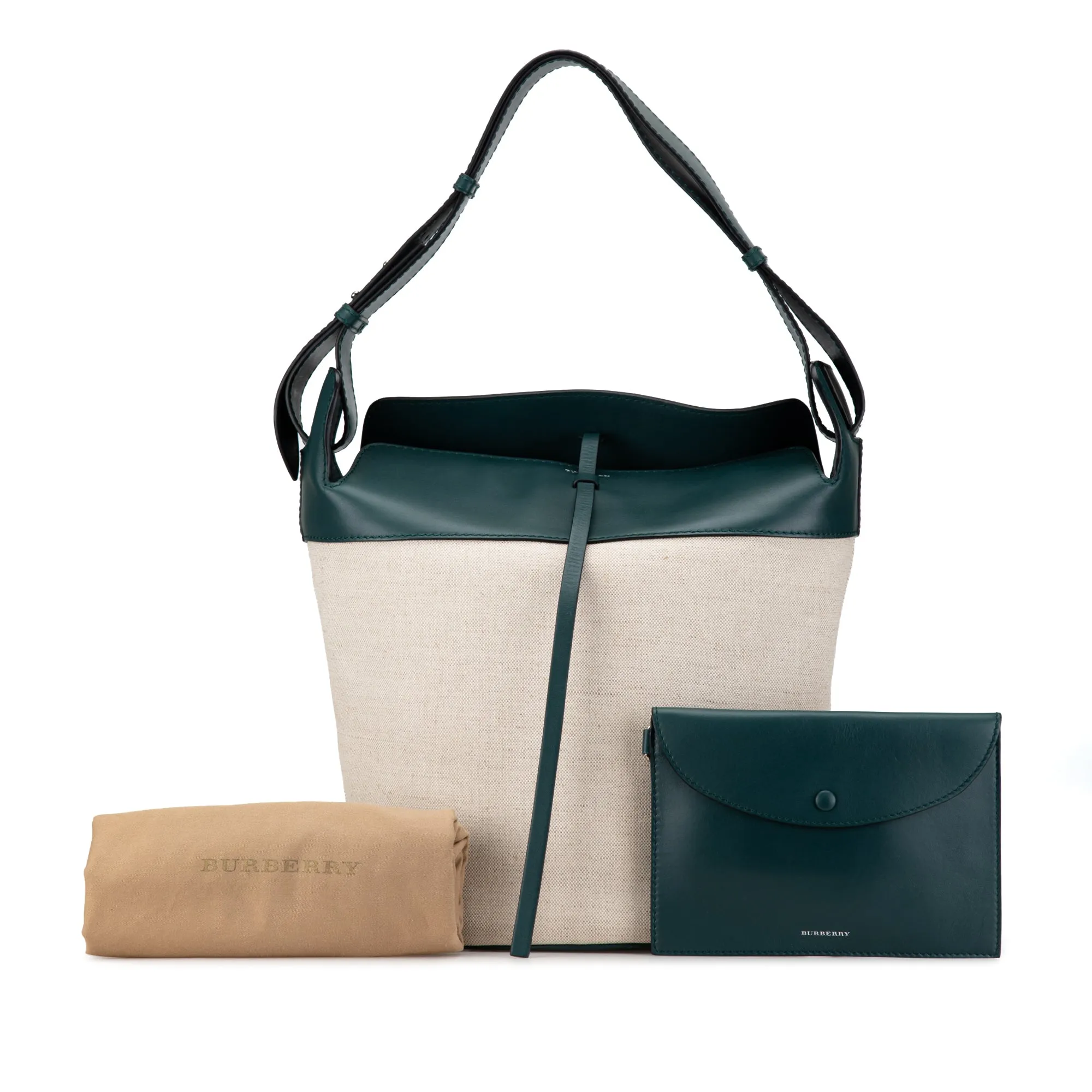Beige Burberry Leather Trimmed Canvas Bucket Bag