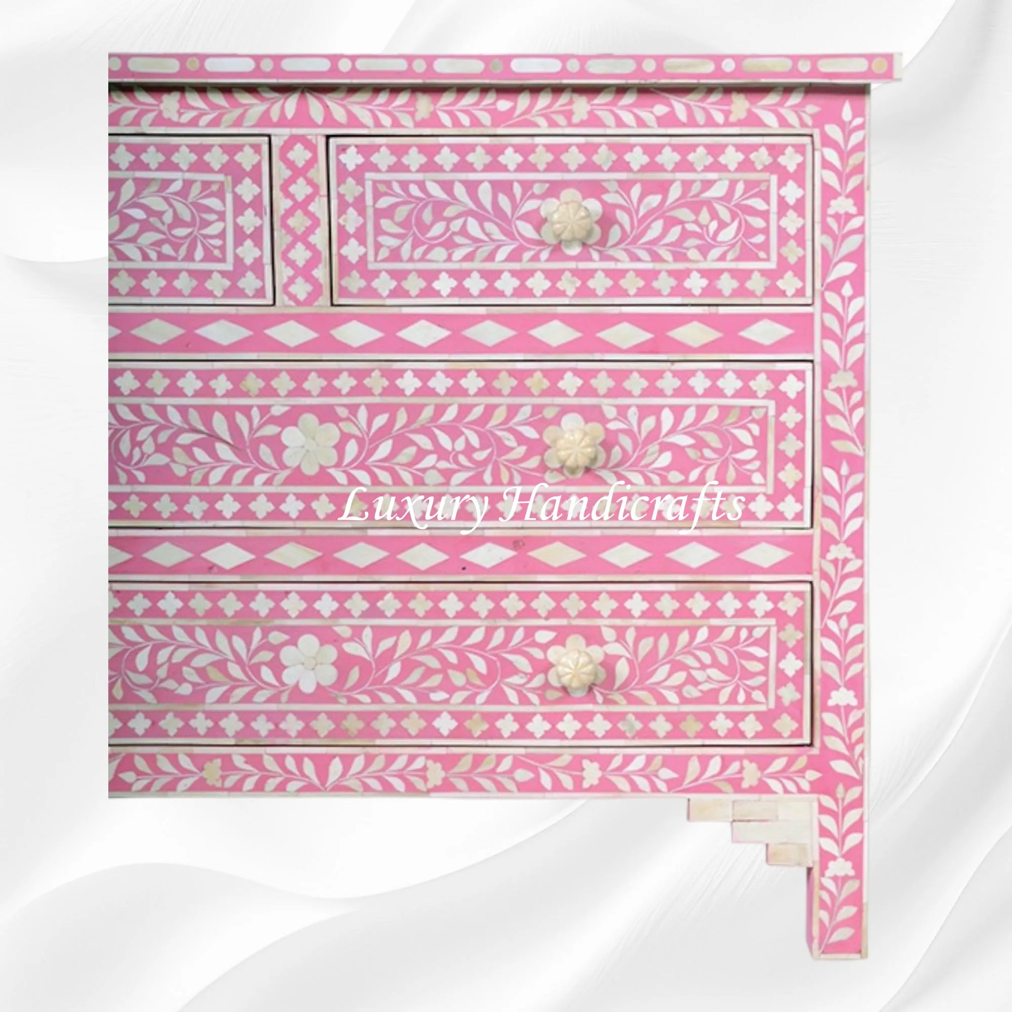 Bone Inlay Floral Chest Of 4 Drawer Pink