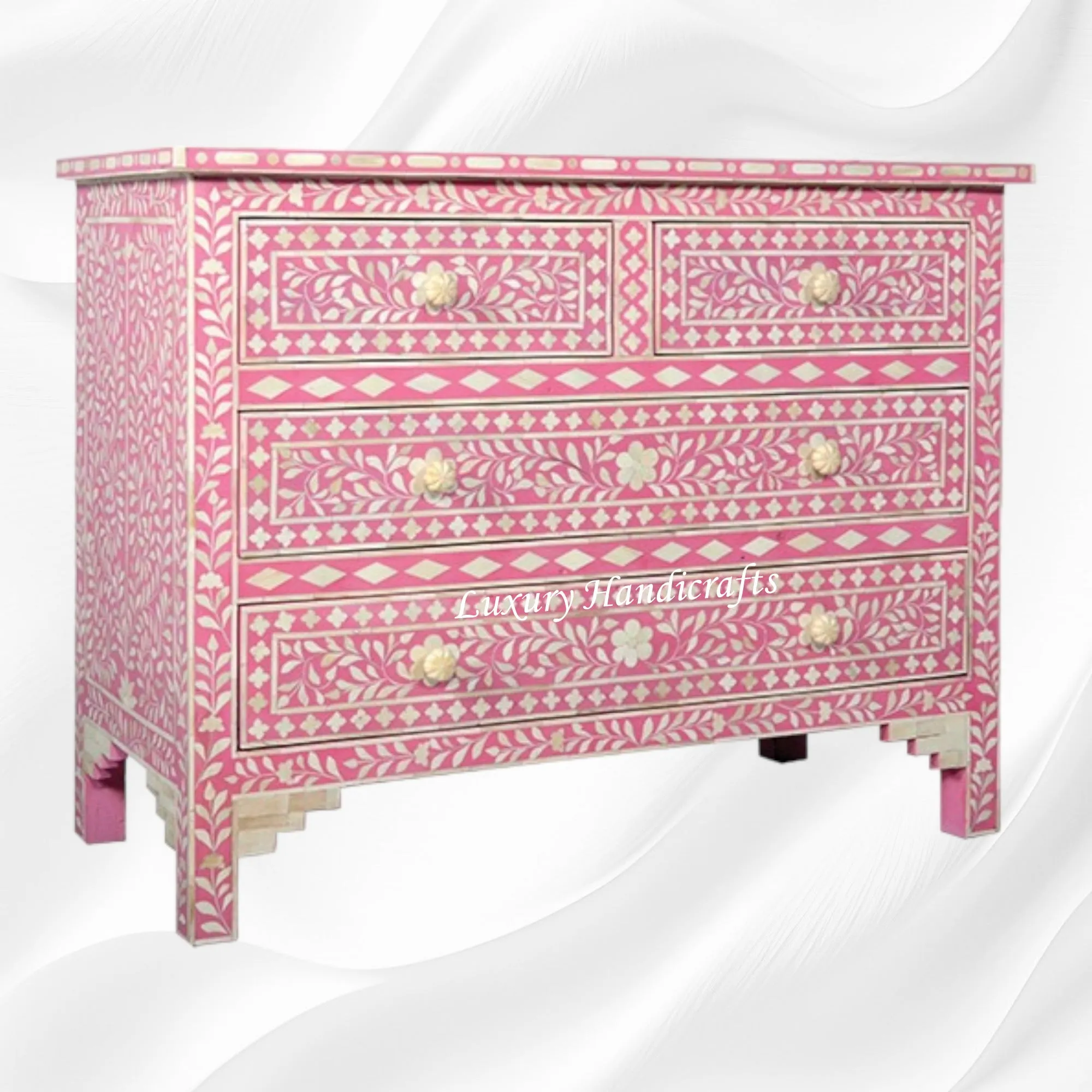 Bone Inlay Floral Chest Of 4 Drawer Pink