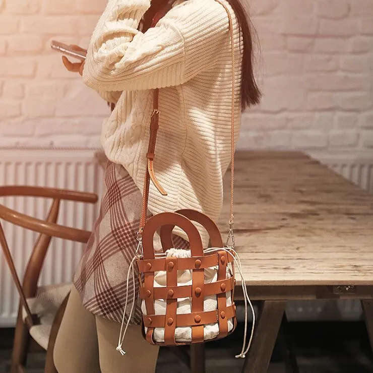 Chic Womens Black Crossbody Bucket Bag Leather Side Bags For Women