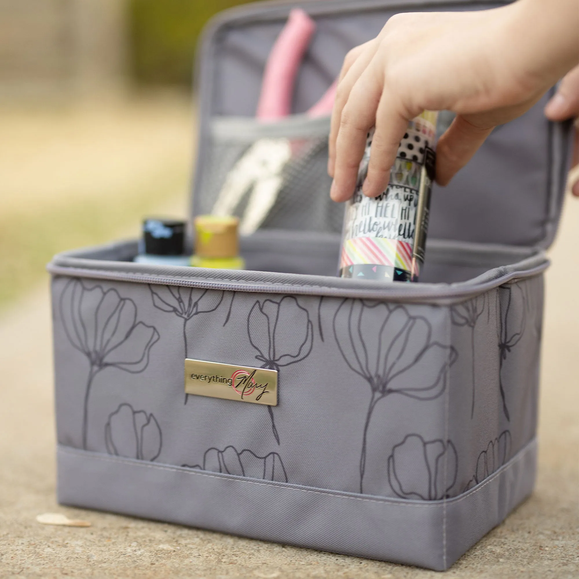 Collapsible Sewing Kit Organizer Box, Grey & Floral