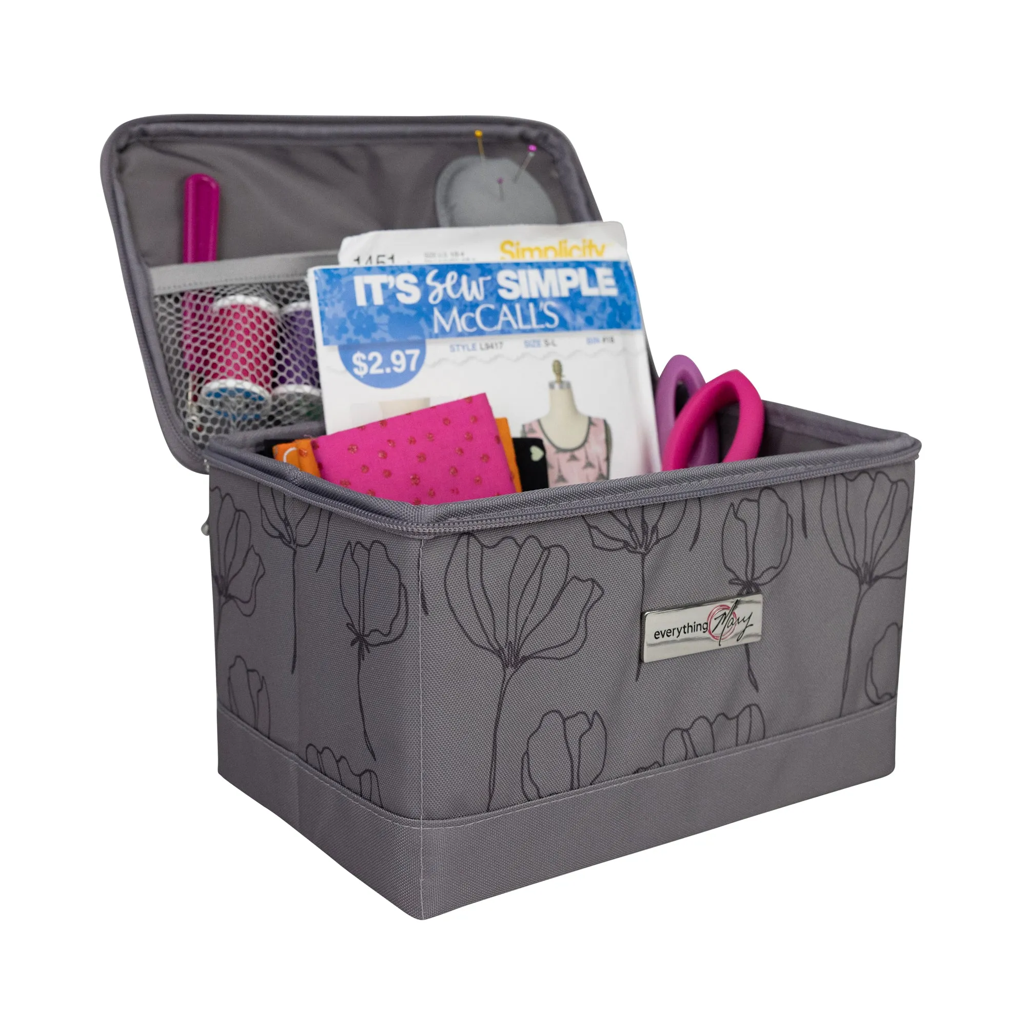 Collapsible Sewing Kit Organizer Box, Grey & Floral