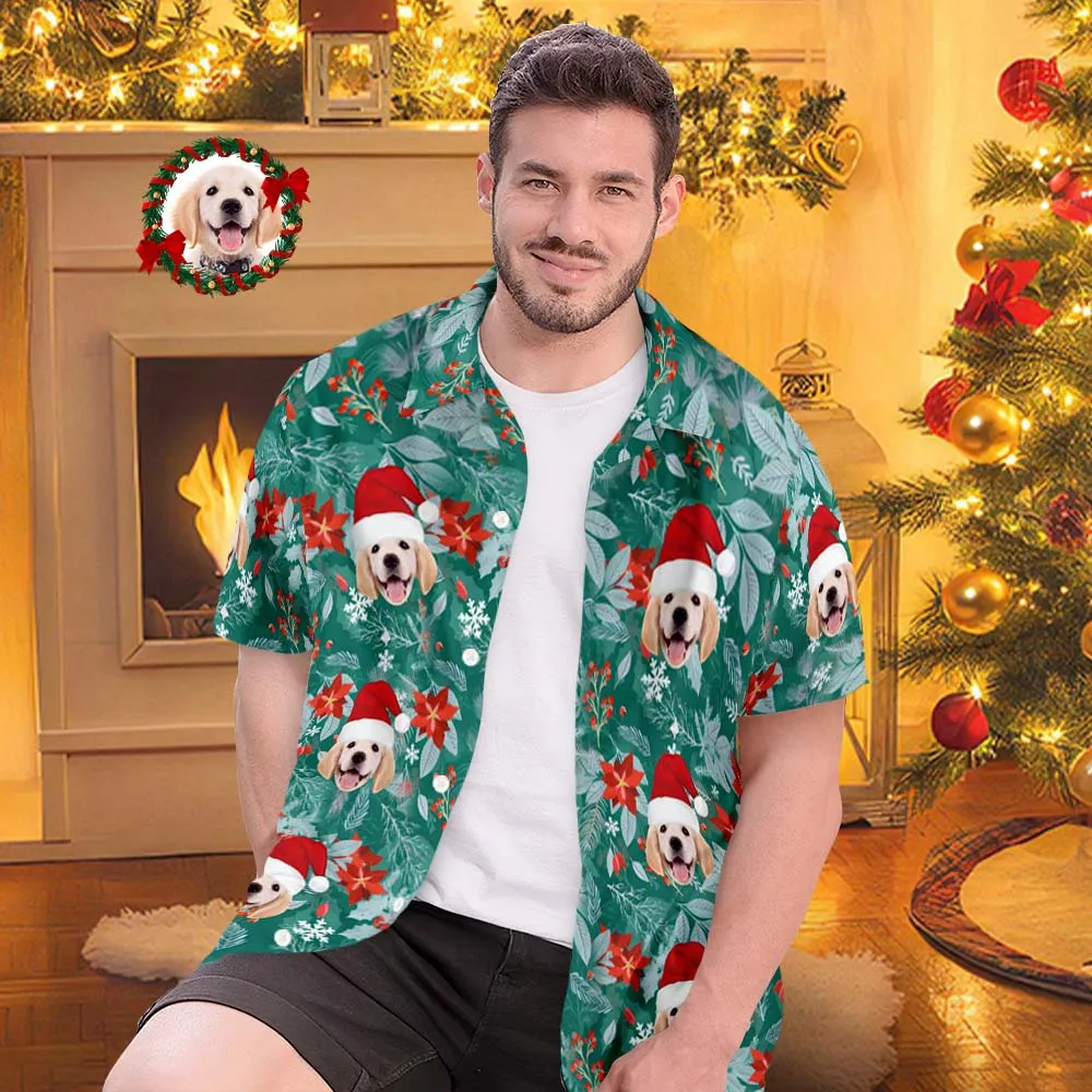 Custom Face Hawaiian Shirts Personalised Photo Gift Men's Christmas Shirts Hawaiian Leaves Green