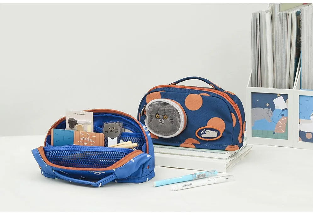 Cute Blue Cat Pencil Stationary Case/ Bag with Fluffy Cat Accessory