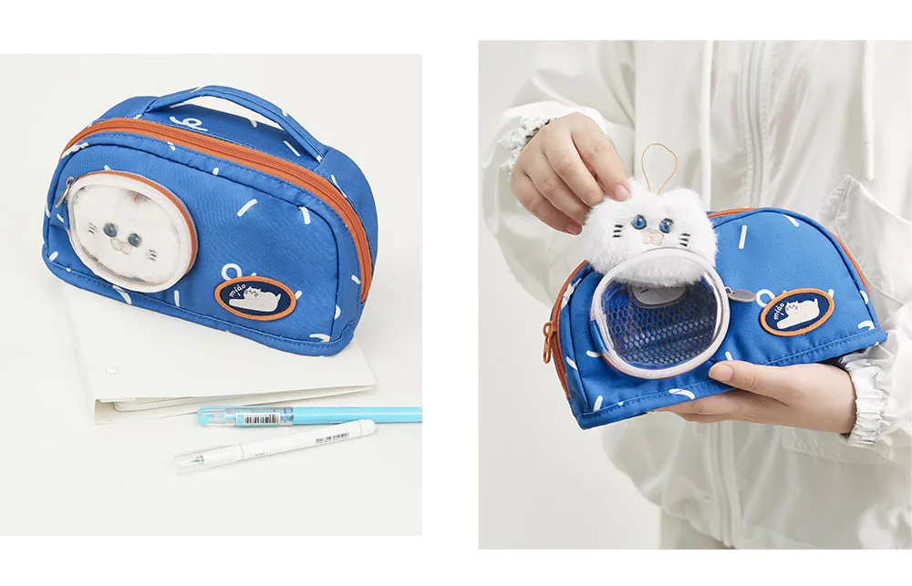 Cute Blue Cat Pencil Stationary Case/ Bag with Fluffy Cat Accessory