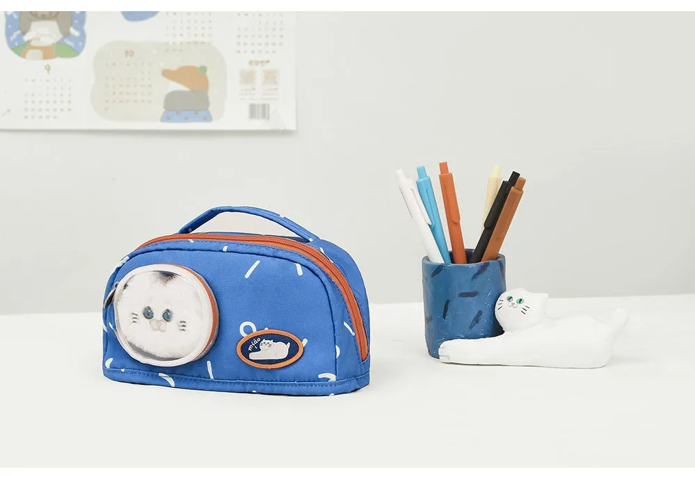 Cute Blue Cat Pencil Stationary Case/ Bag with Fluffy Cat Accessory