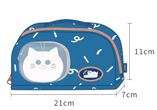 Cute Blue Cat Pencil Stationary Case/ Bag with Fluffy Cat Accessory