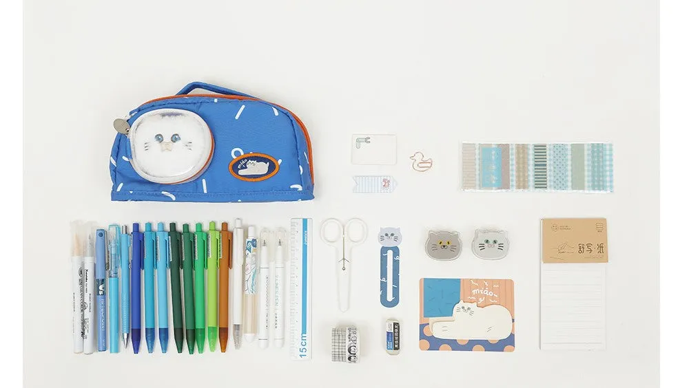 Cute Blue Cat Pencil Stationary Case/ Bag with Fluffy Cat Accessory