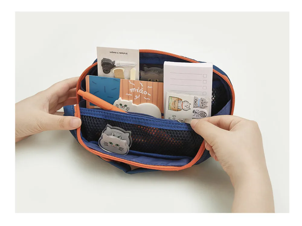 Cute Blue Cat Pencil Stationary Case/ Bag with Fluffy Cat Accessory
