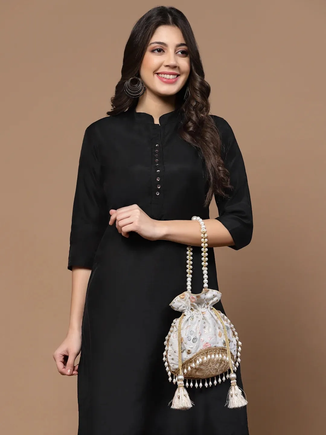 Droop Floral Embroidered Faux Silk Potli Bag