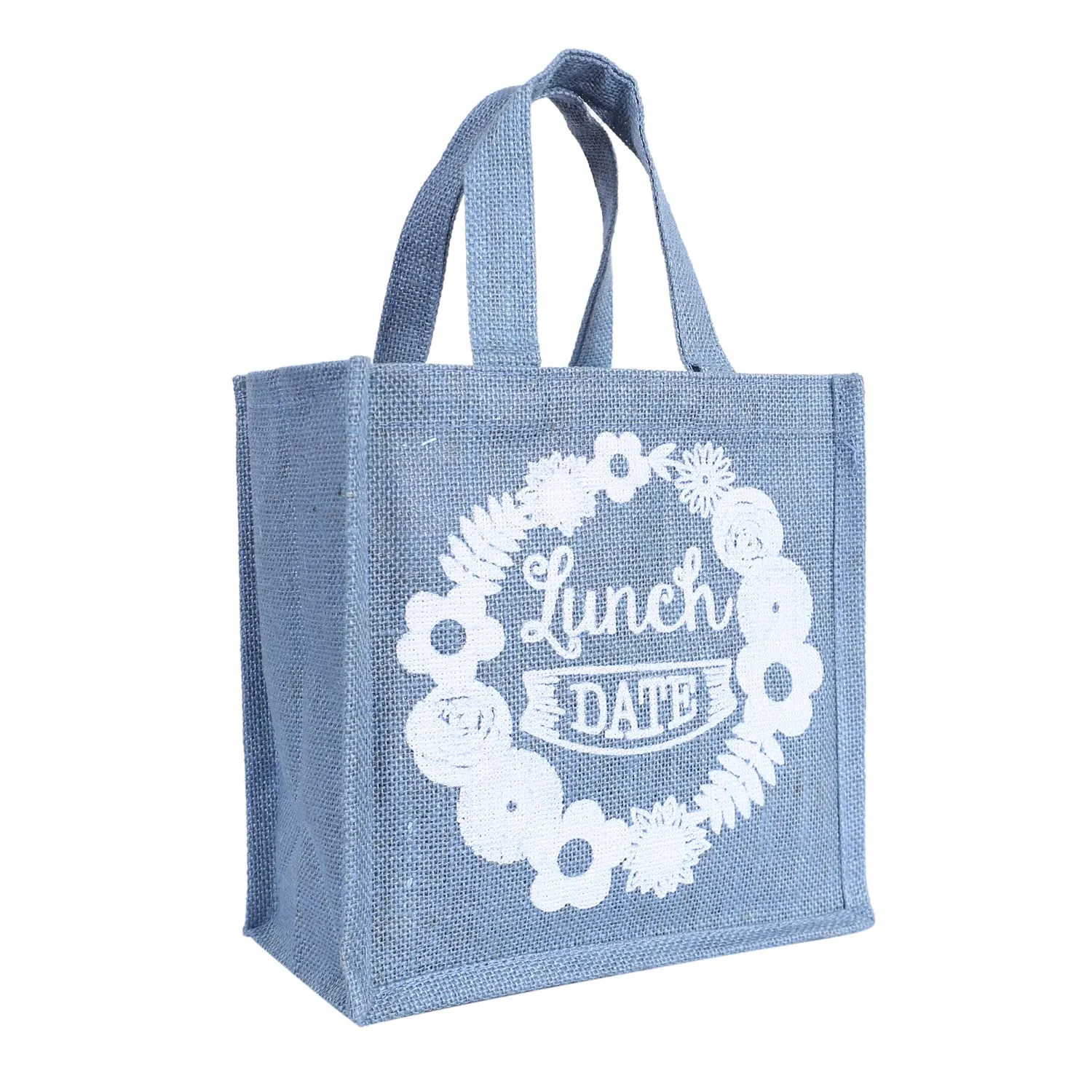 Heart Home Lunch Bag|Reusable Jute Fabric Tote Bag|Lunch Date Print Tiffin Carry Hand Bag with Handle for Office,School,Gift,Pack of 4 (Gray)