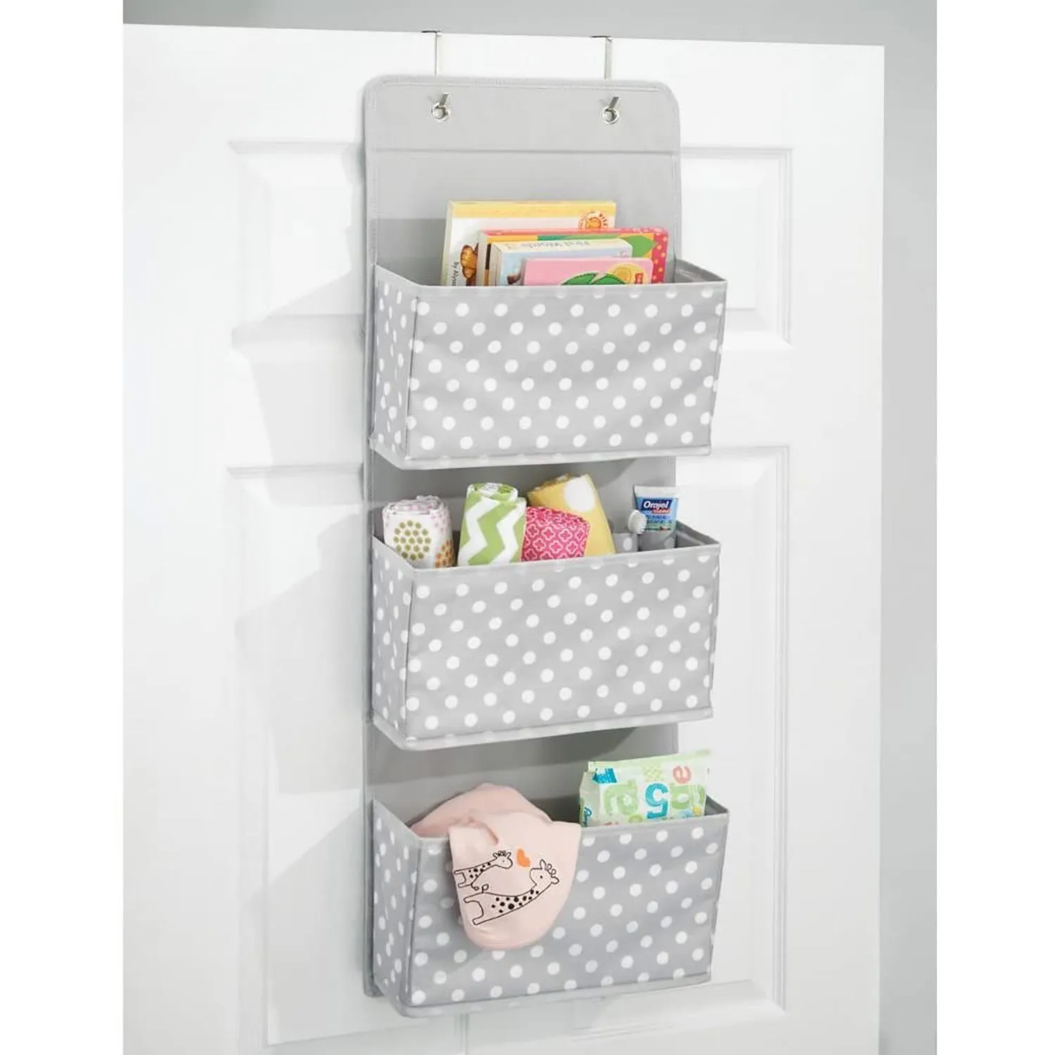 iDesign jr Dot Fabric Over The Door Hanging Storage With 3 Pockets, Gray-White, 13x4.5x36 Inches