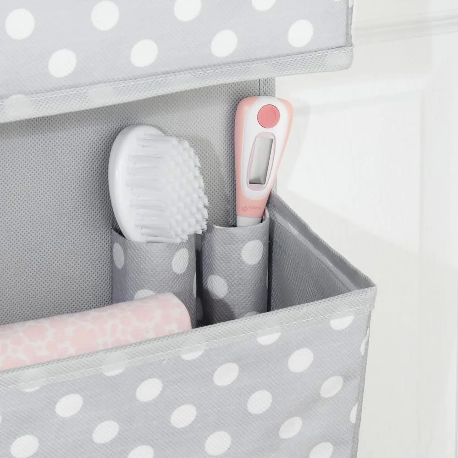 iDesign jr Dot Fabric Over The Door Hanging Storage With 3 Pockets, Gray-White, 13x4.5x36 Inches