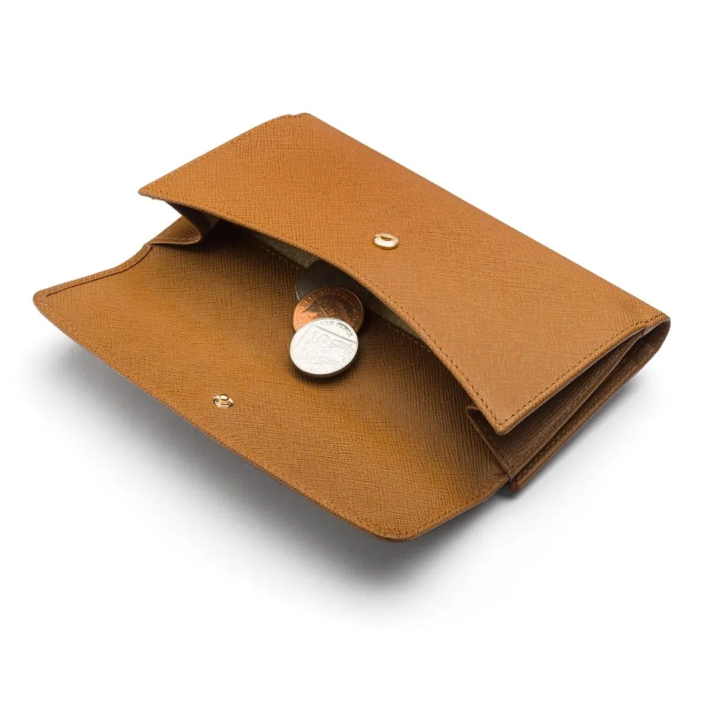 Ladies Tall Leather Purse With Brass Clasp 8 CC - Tan