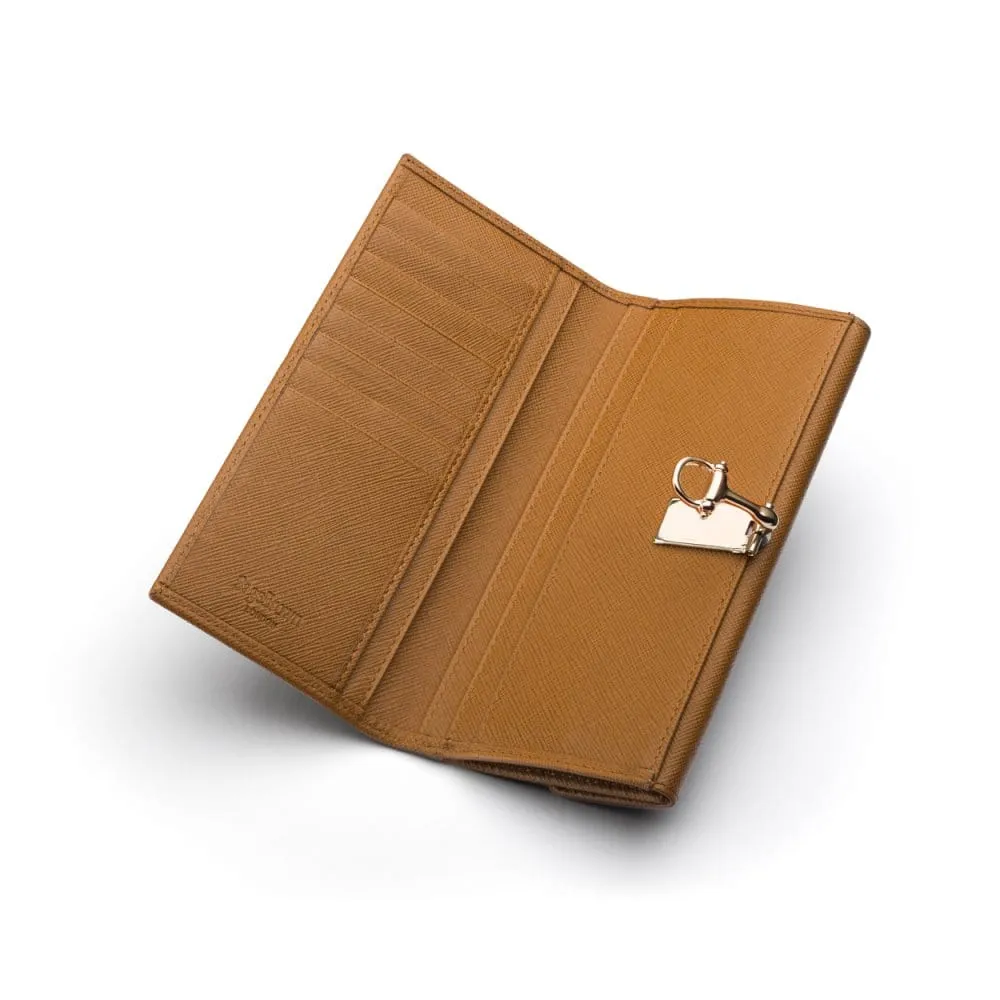 Ladies Tall Leather Purse With Brass Clasp 8 CC - Tan