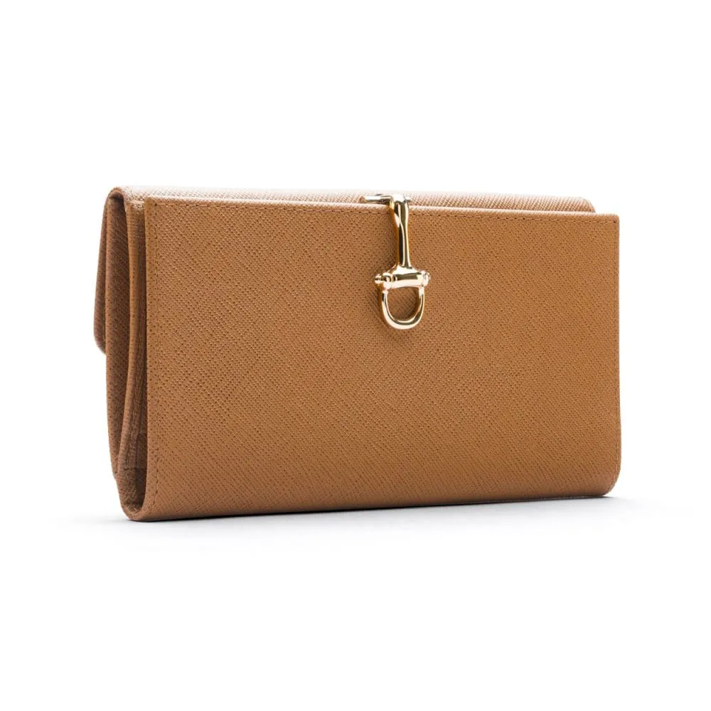 Ladies Tall Leather Purse With Brass Clasp 8 CC - Tan