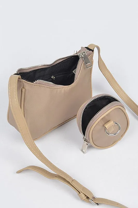 Nylon Zip Crossbody Bag W/Mini Bag