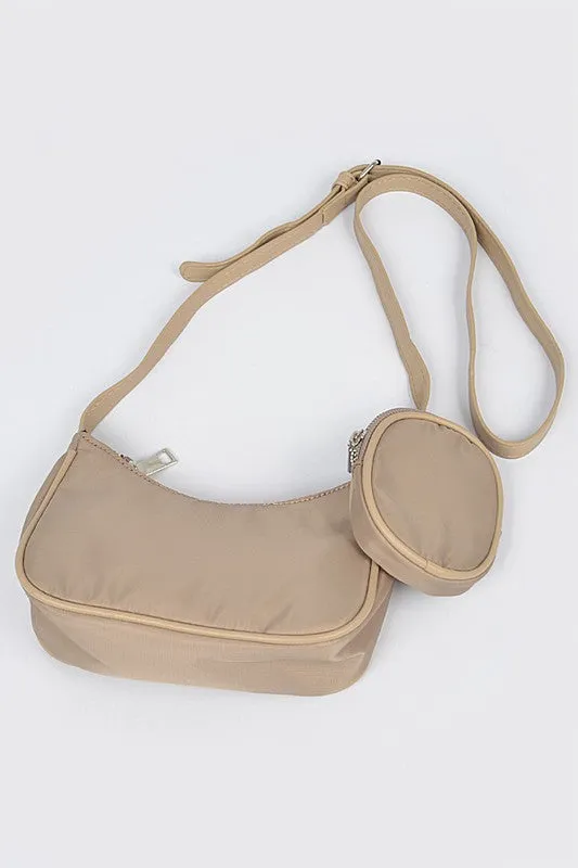 Nylon Zip Crossbody Bag W/Mini Bag