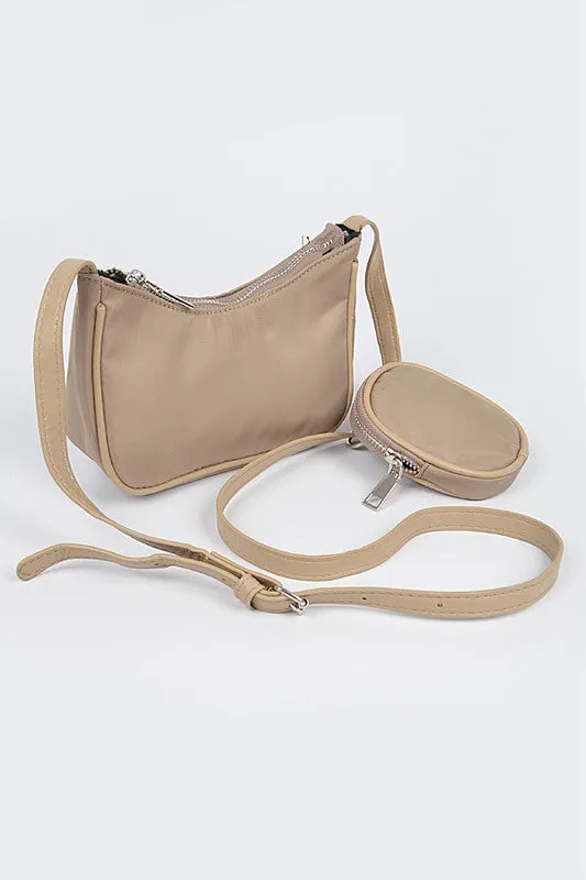 Nylon Zip Crossbody Bag W/Mini Bag
