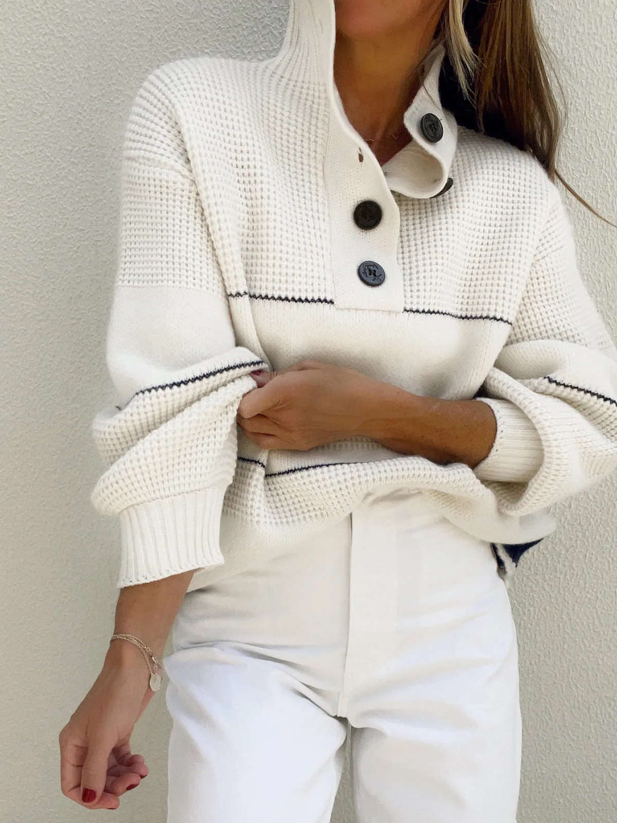 Open Collar Graceful Button Up Sweater