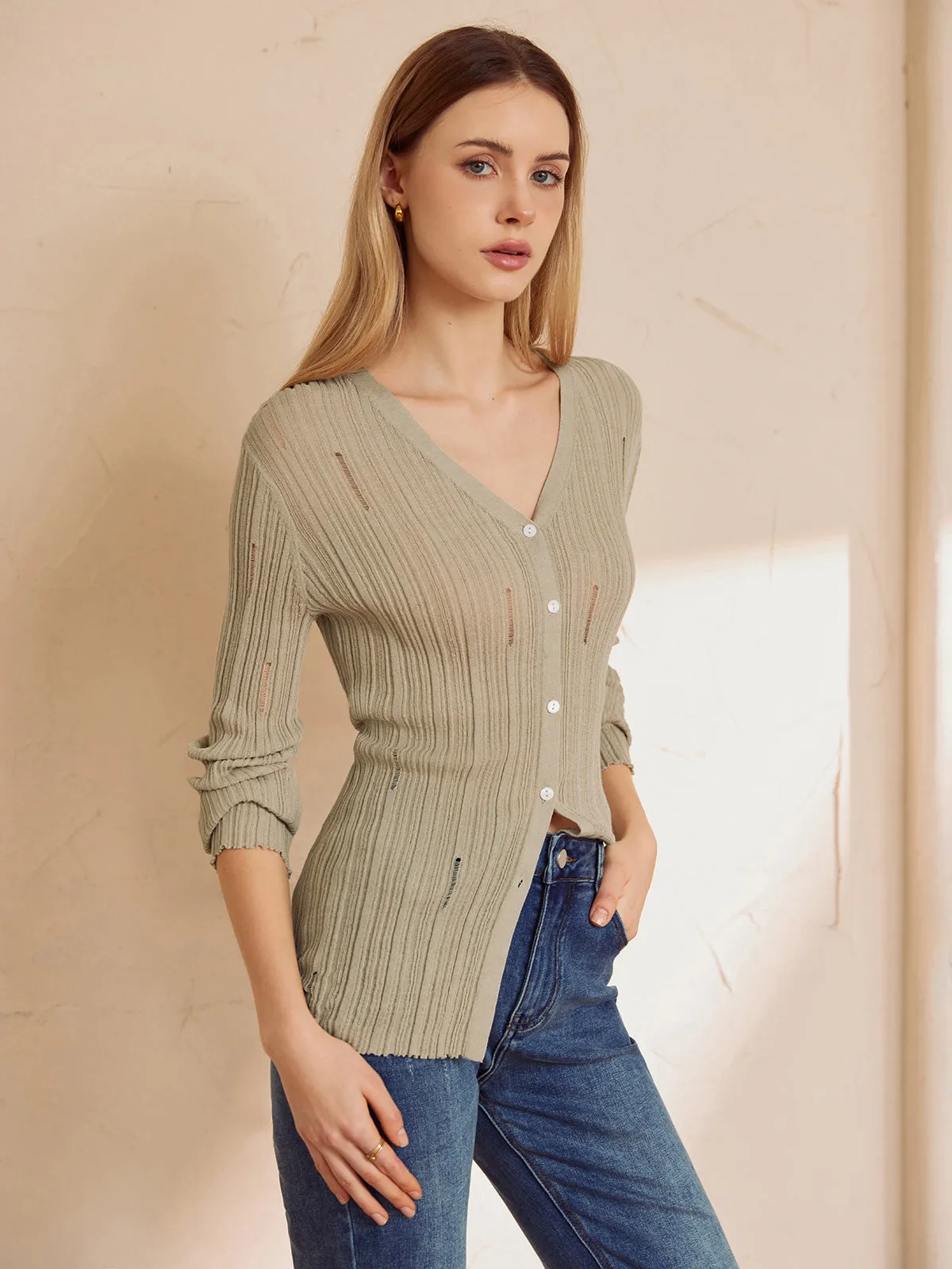 Ripped Button Graceful Long Sleeve Shirt