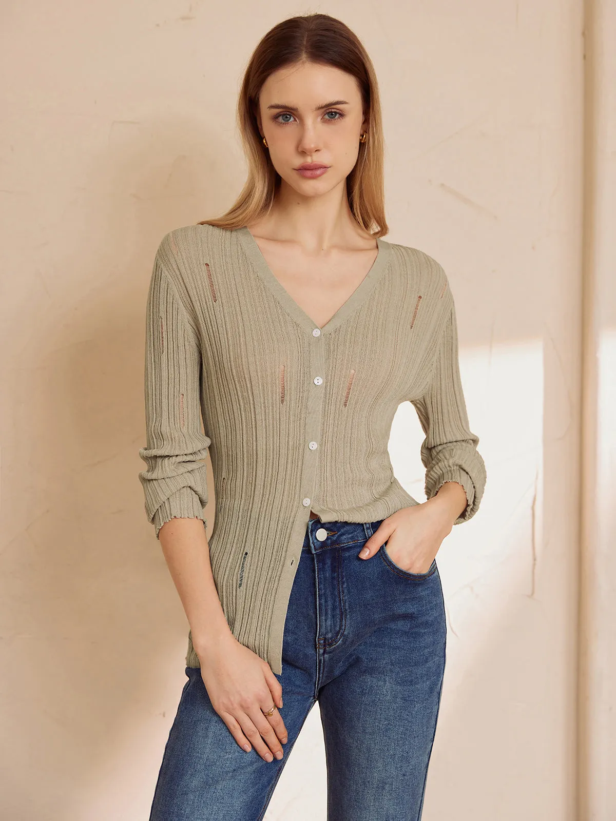 Ripped Button Graceful Long Sleeve Shirt
