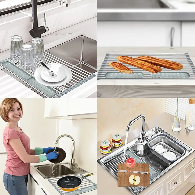 Roll Up Drying Rack Over Sink Drainer Shelf Foldable Dish Drainer