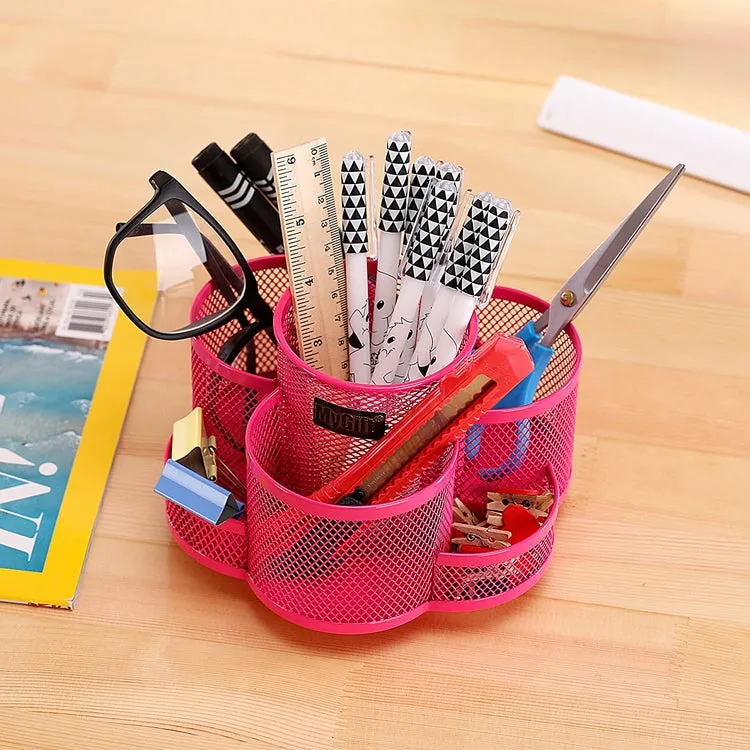 Rotating Fuchsia Metal Mesh 7-Compartment Desktop Office Supplies Organizer Caddy