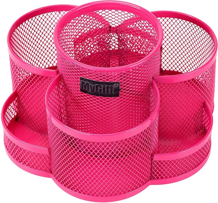 Rotating Fuchsia Metal Mesh 7-Compartment Desktop Office Supplies Organizer Caddy