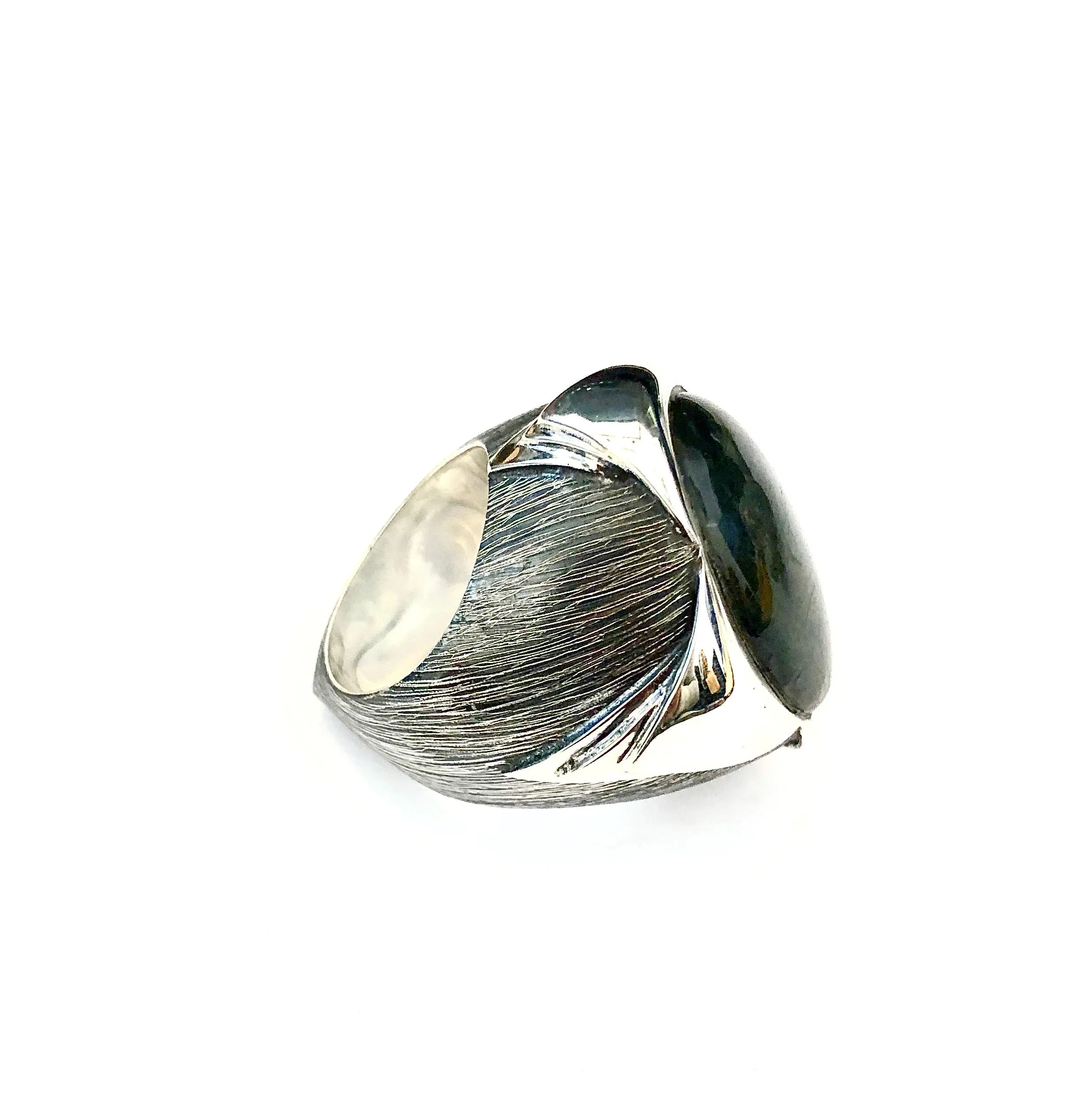 Serendipity Labradorite Ring with Polished Pedals and Etched Texture in Sterling Silver