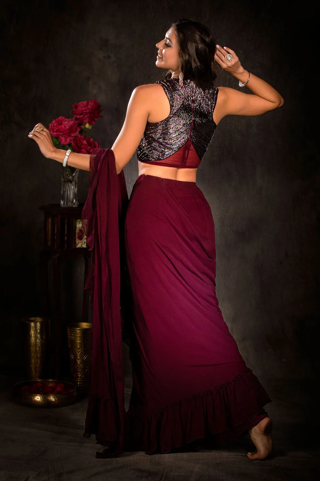 Stylish Plum Ruffle Saree