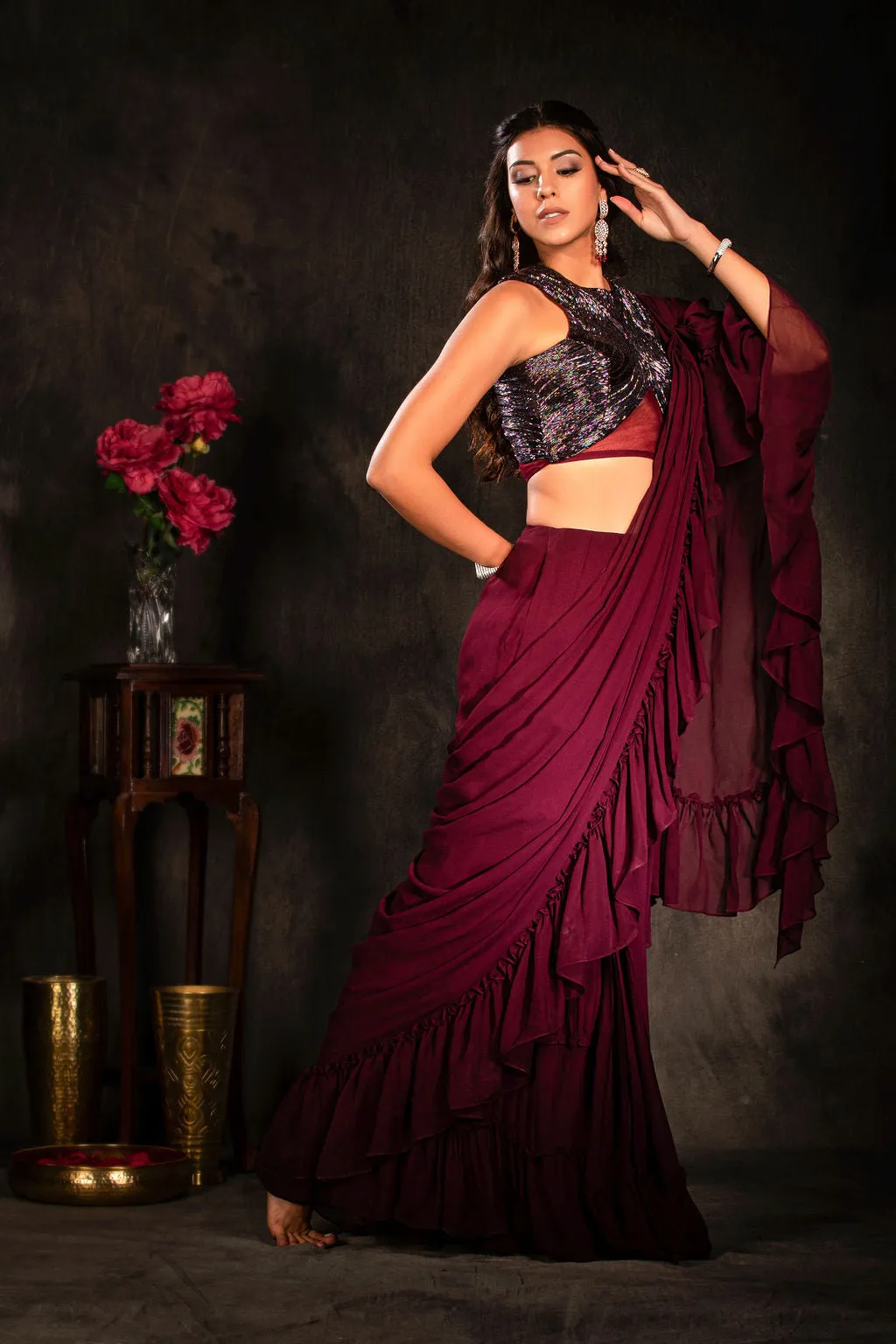 Stylish Plum Ruffle Saree