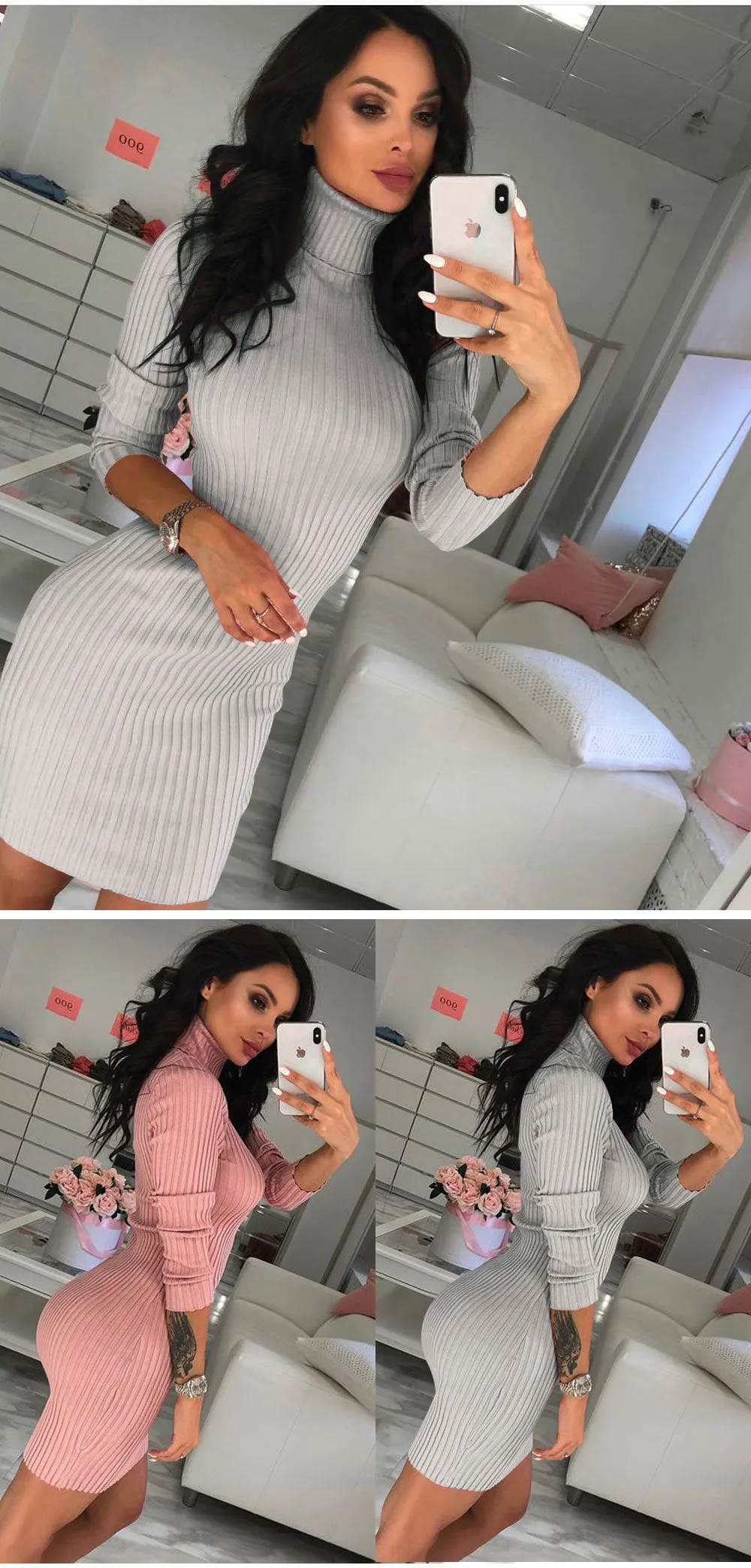 VenusFox Knitted Solid Wool Mini Dresses