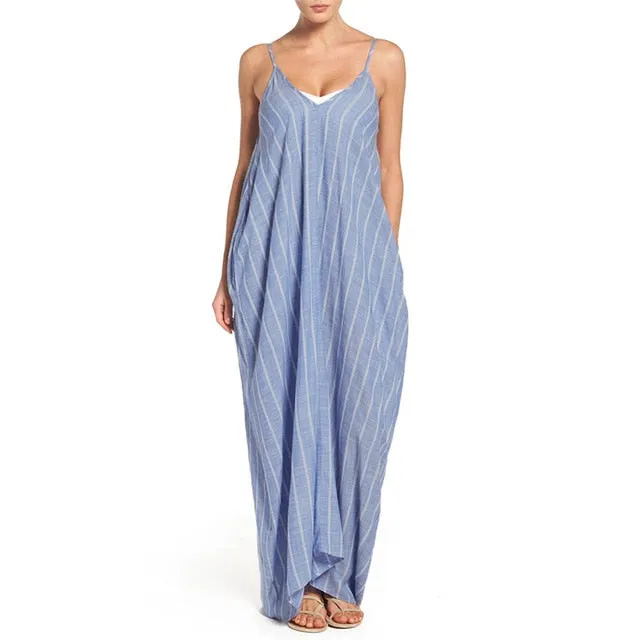 VenusFox Plus Size Sexy V Neck Backless Striped Dress