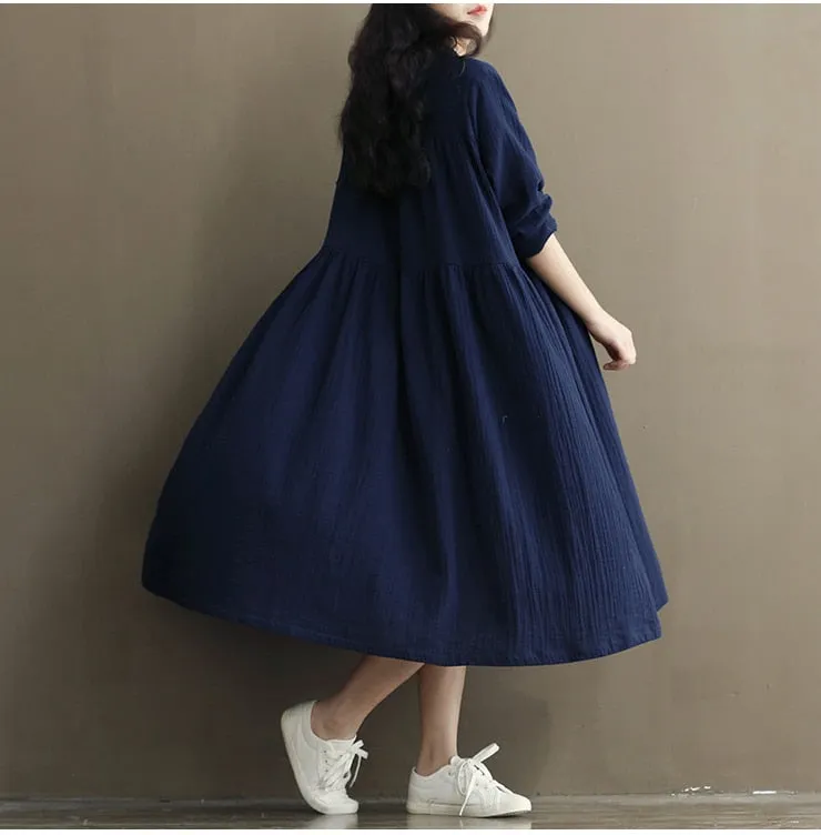 VenusFox Women Long Sleeve Cotton Linen White Dress