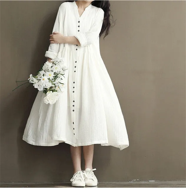 VenusFox Women Long Sleeve Cotton Linen White Dress