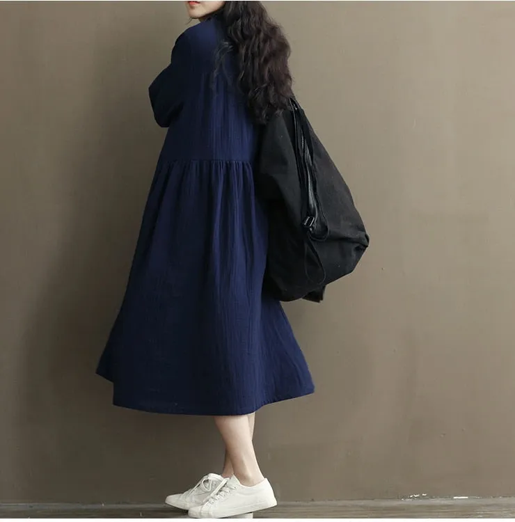 VenusFox Women Long Sleeve Cotton Linen White Dress
