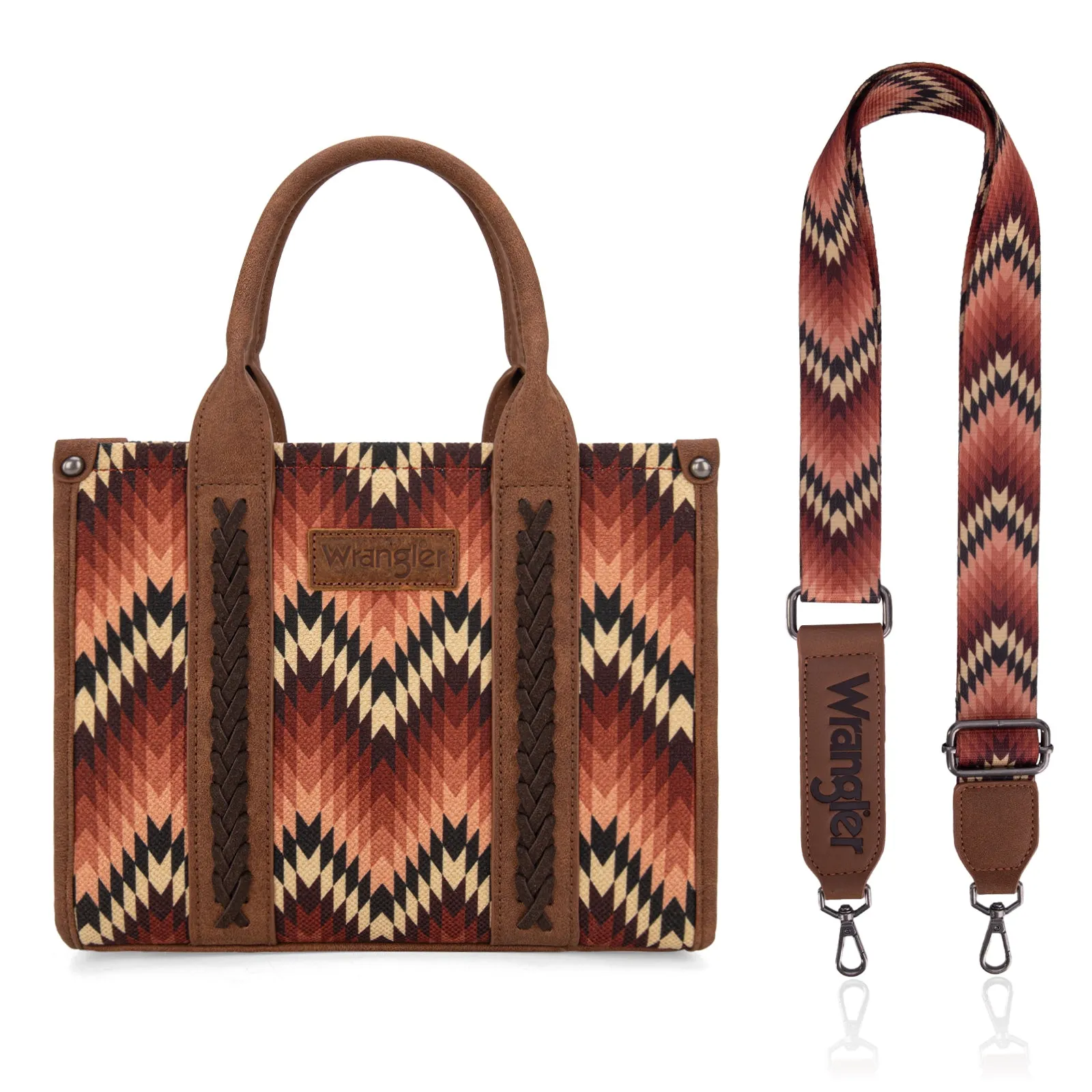 WG2211-8120S   Wrangler Southwestern Pattern Dual Sided Print Tote/Crossbody - BROWN